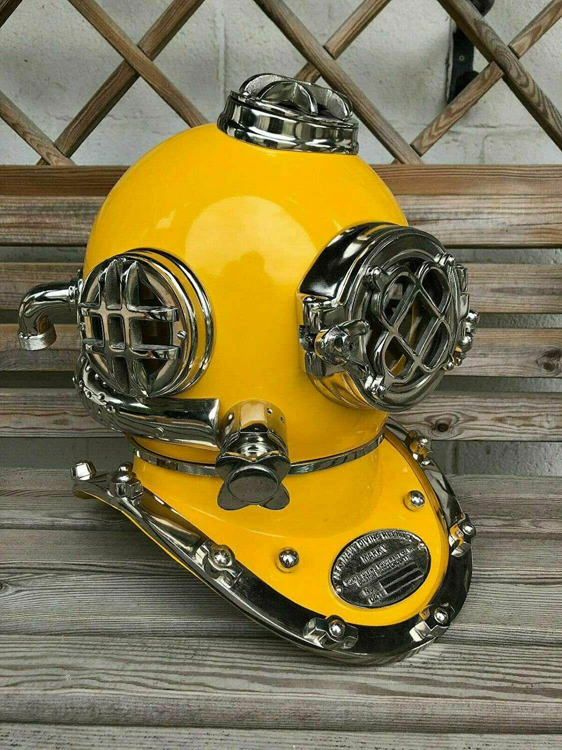 Diving Helmet Vintage Marine Boston Yellow Brass Scuba Divers US Navy Mark IV - collectiblegiftitems