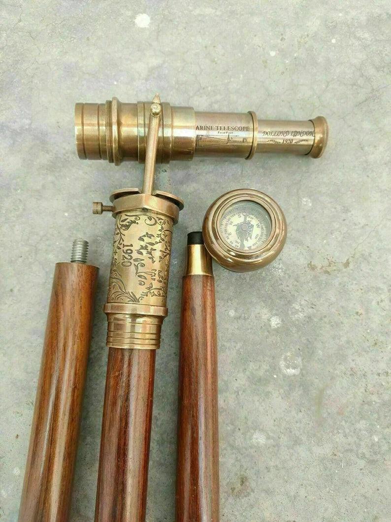 Victorian Telescope Compass Working On Top Spyglass Handle Walking Stick - collectiblegiftitems