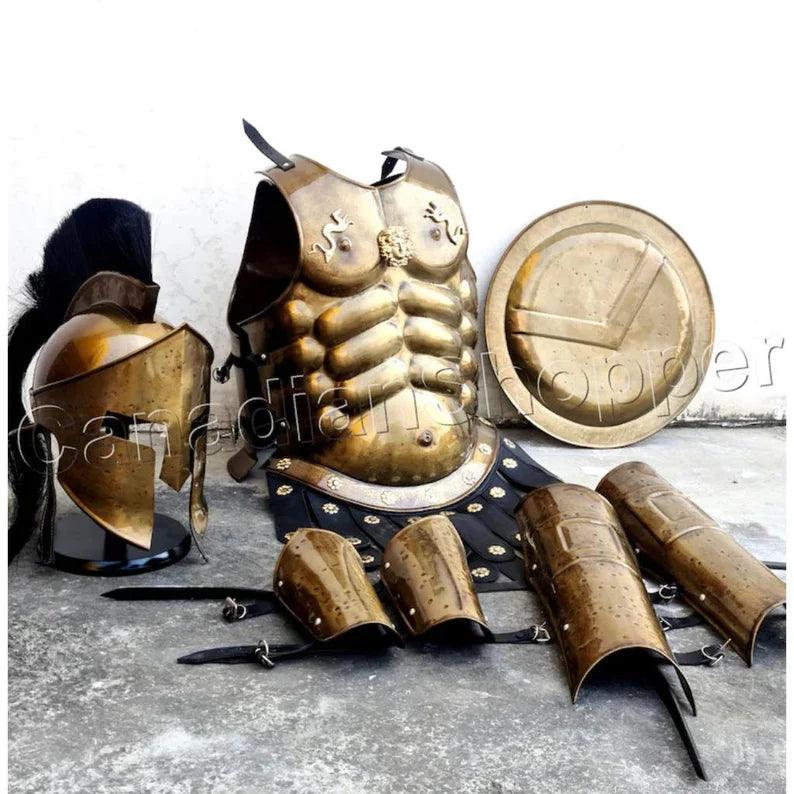 Muscle Jacket With Armor Spartan Helmet, Shield, Halloween Medieval Greek Costumes ~ 300 Movie Christmas Gift Home Décor - collectiblegiftitems