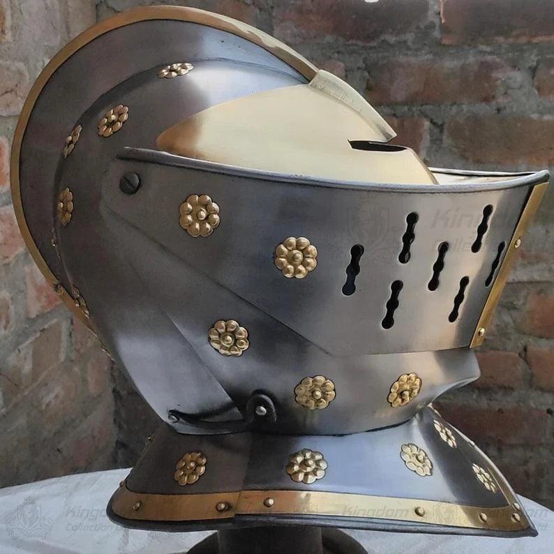 European Knight Helmet Medieval Knight Close Helmet with Brass Helmet Role Play Knight Helmet 18 Gauge Wearable Helmet - collectiblegiftitems