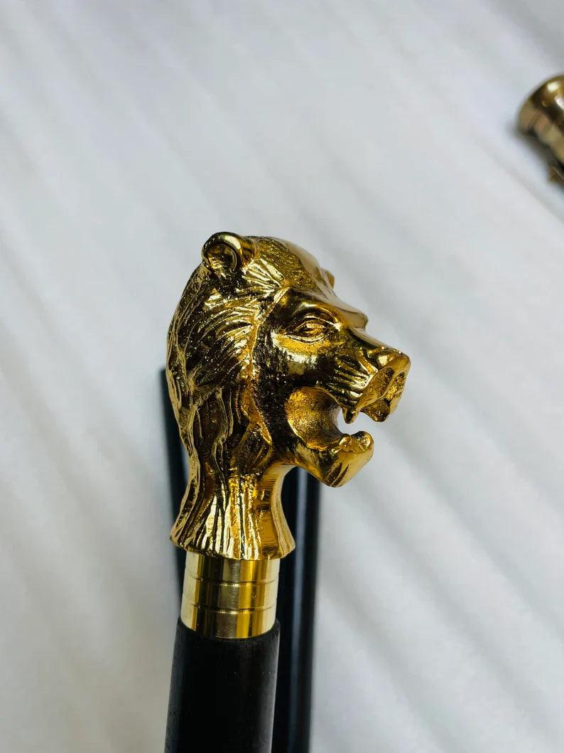 Lion Head Handle Vintage Wooden Walking Stick Cane - collectiblegiftitems