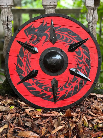 Handcrafted Dragon Red Viking Shield Medieval 24-inch Wooden Battle Ready Shield - collectiblegiftitems