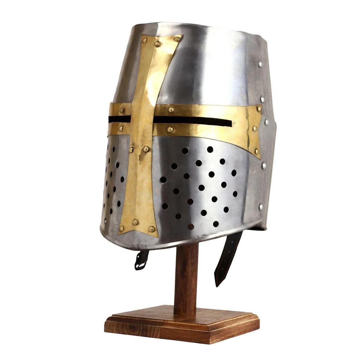 Medieval Helmet Wooden Stand Crusader Templar Knight LARP Helmet Cosplay Armor - collectiblegiftitems