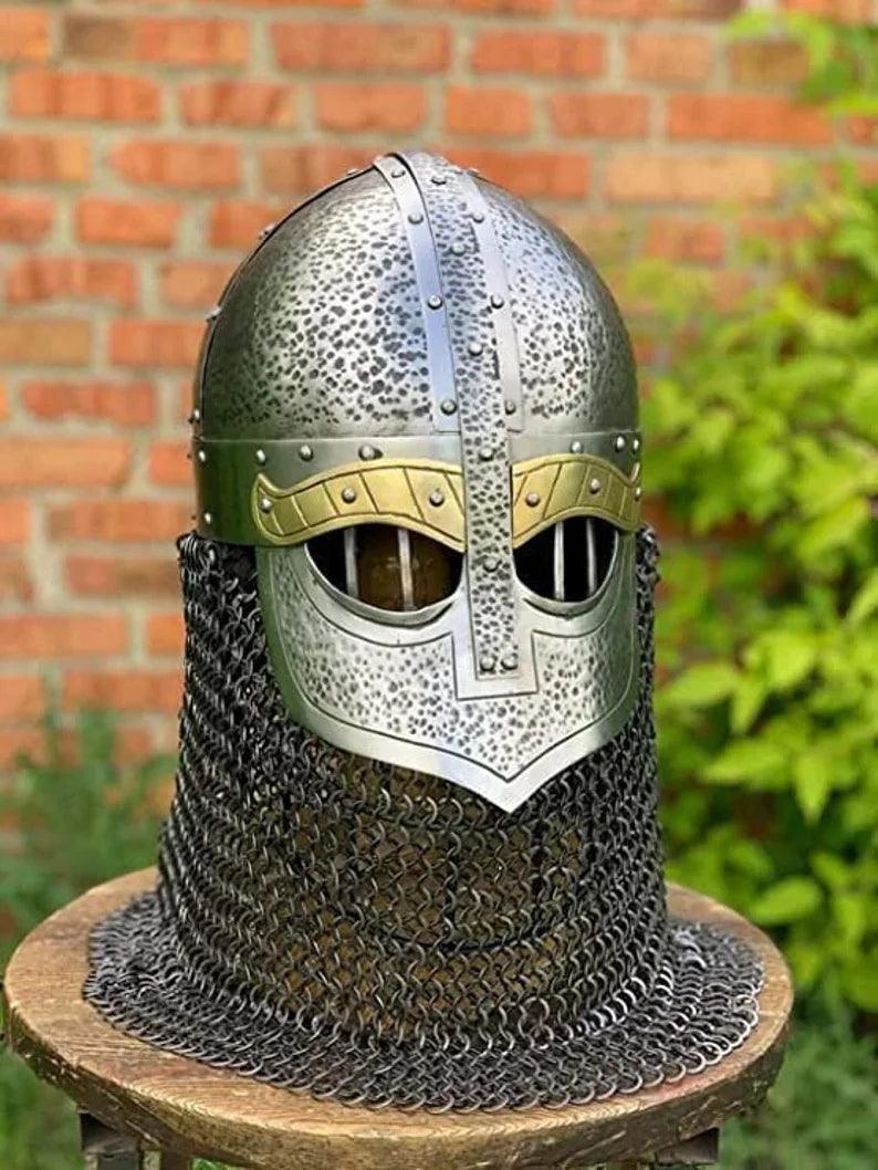 Medieval Armor Viking Helmet Steel Aching Chain Mail Helmet - collectiblegiftitems