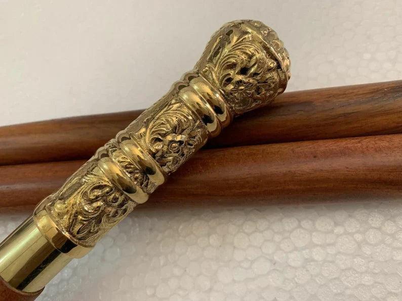 Long Antique Brass Handle Imperial Style Walking Stick - collectiblegiftitems