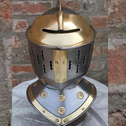 European Knight Helmet Medieval Knight Close Helmet with Brass Helmet Role Play Knight Helmet 18 Gauge Wearable Helmet - collectiblegiftitems