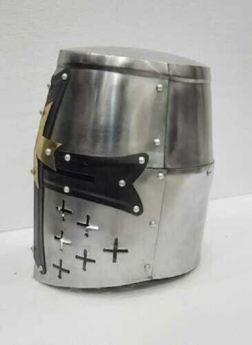 Medieval Knight Armor Crusader Templar Helmet Brass Helm Mason's gift Cross LARP - collectiblegiftitems