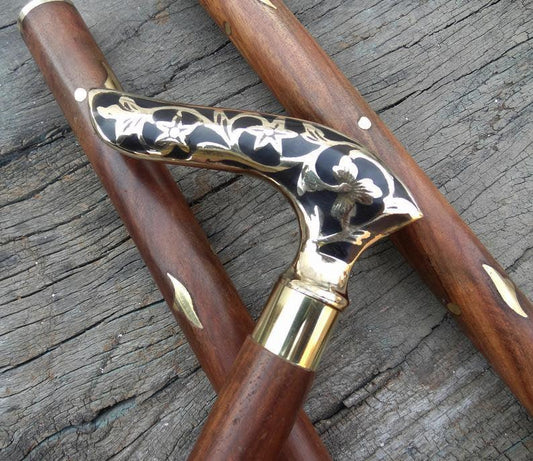 Black Flower Brass Handle Wooden Walking Stick, Hiking Stick Wands - collectiblegiftitems