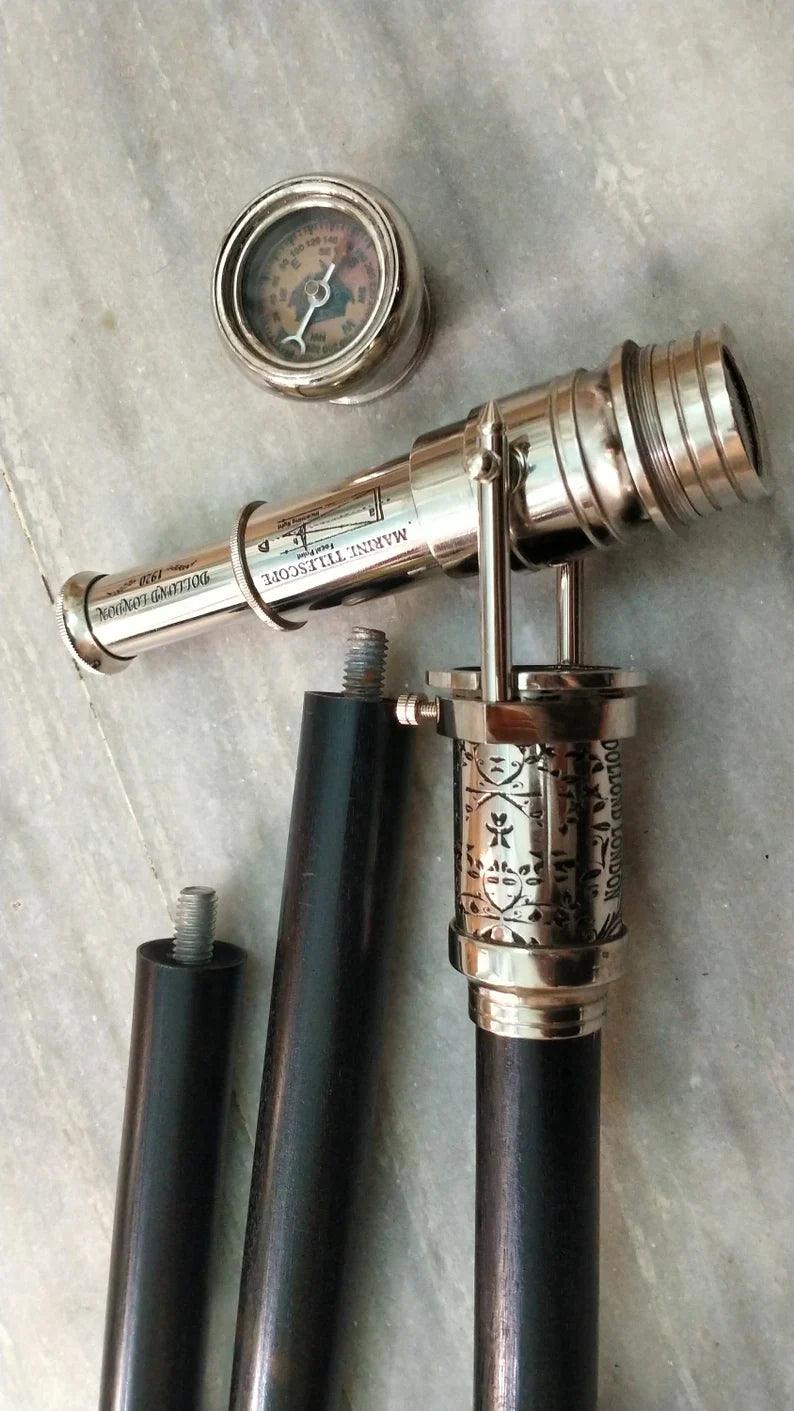 Victorian Telescope Steampunk Compass Spyglass Walking Stick - collectiblegiftitems