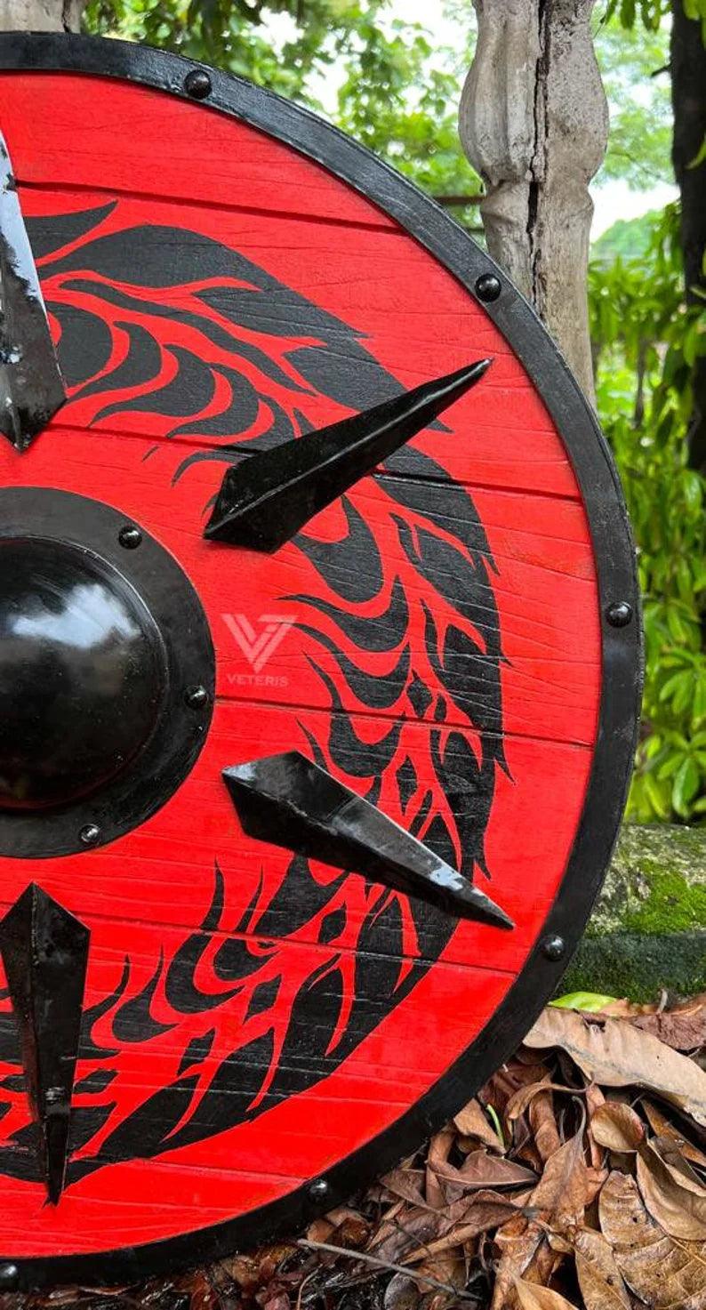 Handcrafted Dragon Red Viking Shield Medieval 24-inch Wooden Battle Ready Shield - collectiblegiftitems