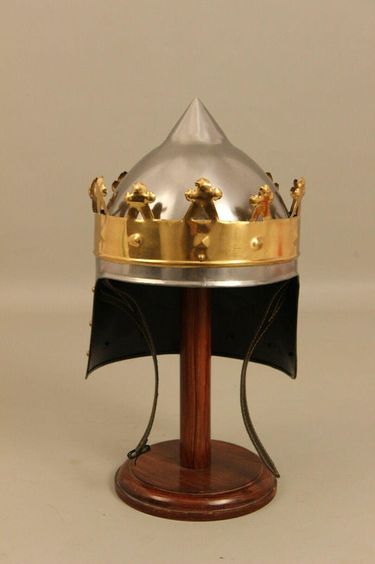 18 Guage Steel Medieval Knight Kings Rechard Helmet Brass Crown Helmet Cosplay - collectiblegiftitems