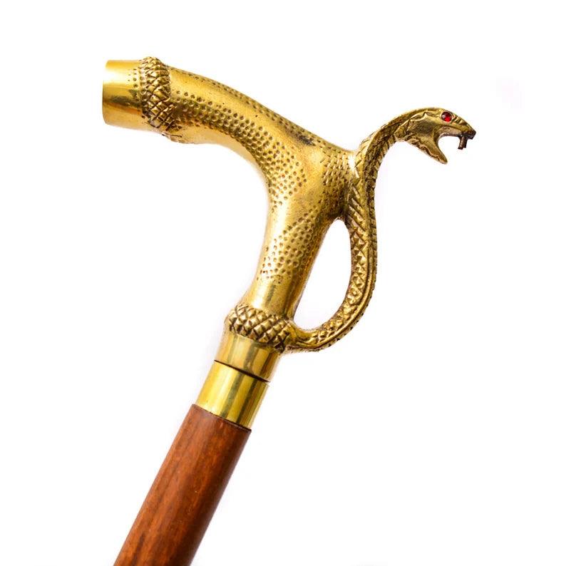 Victorian Brass Finish Snake Handle Rosewood Handcrafted Walking Stick - collectiblegiftitems