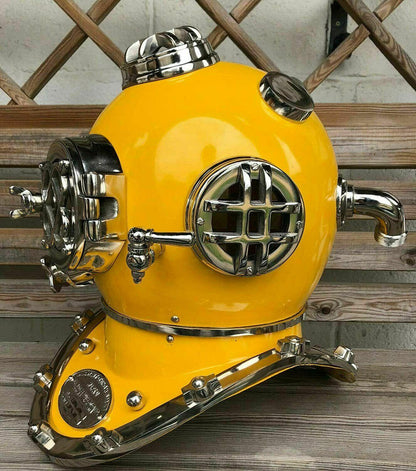 Diving Helmet Vintage Marine Boston Yellow Brass Scuba Divers US Navy Mark IV - collectiblegiftitems