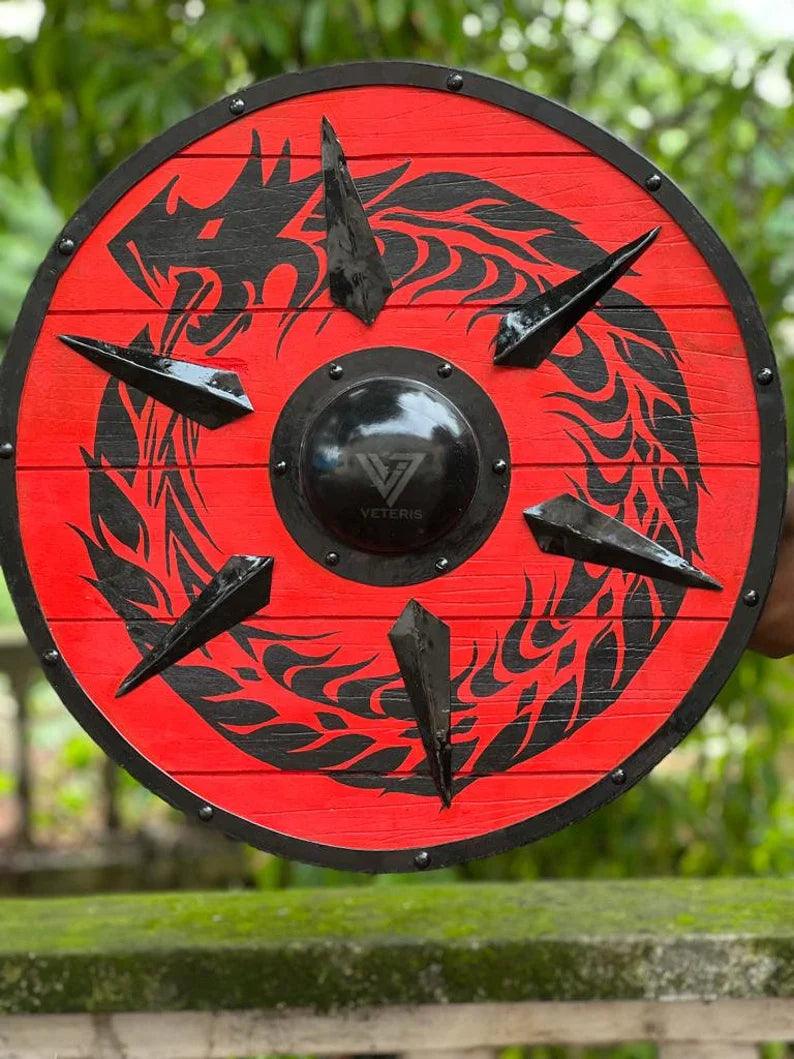 Handcrafted Dragon Red Viking Shield Medieval 24-inch Wooden Battle Ready Shield - collectiblegiftitems