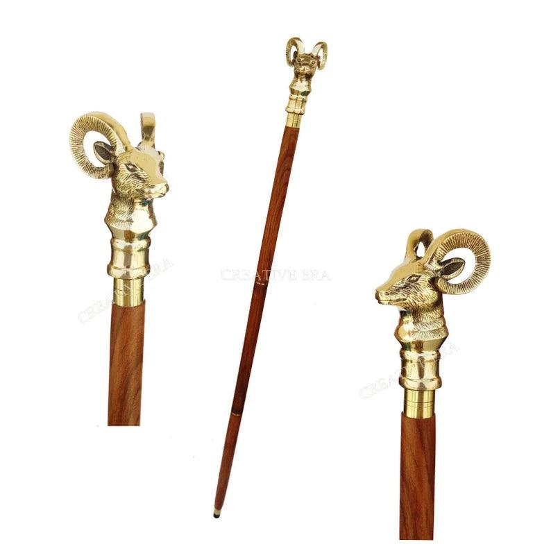 Mountain Goat Brass Handle Brown Wooden Walking Stick - collectiblegiftitems