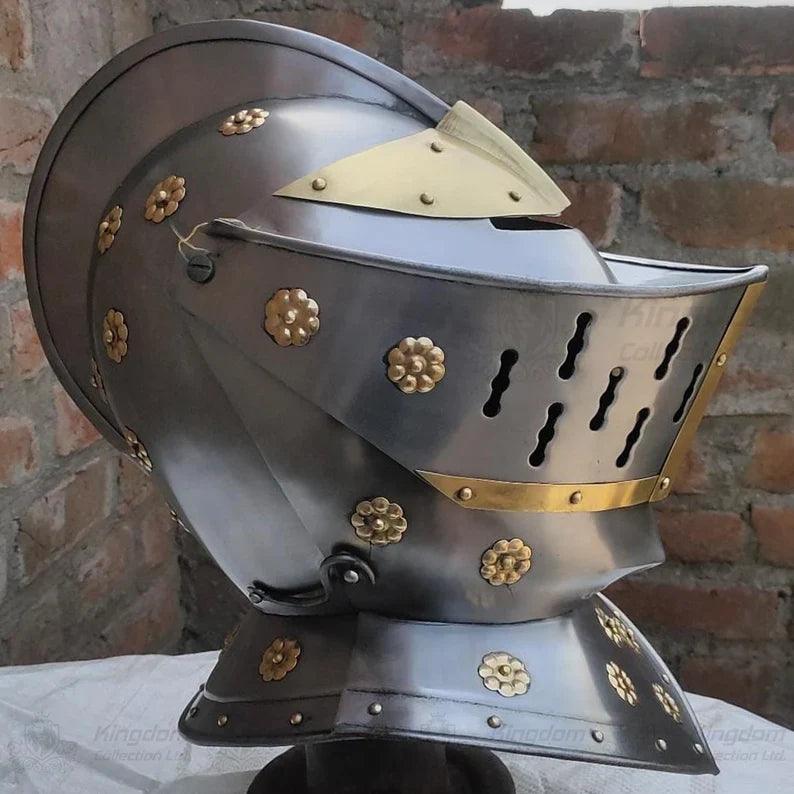 European Knight Helmet Medieval Knight Close Helmet with Brass Helmet Role Play Knight Helmet 18 Gauge Wearable Helmet - collectiblegiftitems