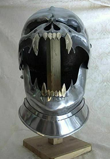 Retro Medieval Helmet Old Demonic Face Helmet Battle-Ready Historical Treasure Silver - collectiblegiftitems