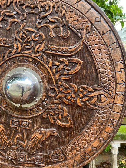 Viking Round Dragon Shield - Hand-Carved Wooden Shield - Norse Inspired Decor - collectiblegiftitems