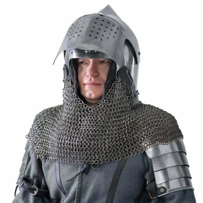 Custom SCA HNB 18 Gauge Steel Medieval Combat Bascinet Helmet W Aventail. - collectiblegiftitems