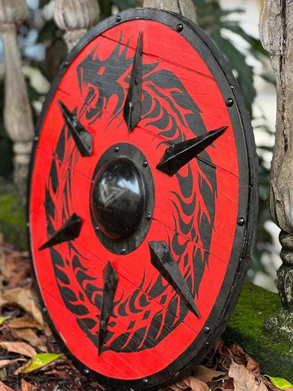 Handcrafted Dragon Red Viking Shield Medieval 24-inch Wooden Battle Ready Shield - collectiblegiftitems