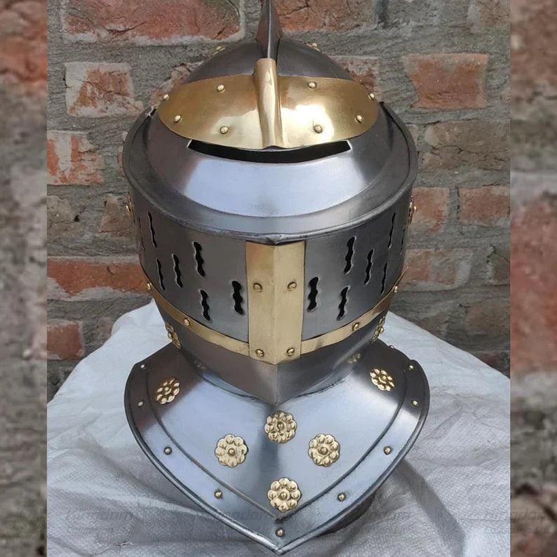 European Knight Helmet Medieval Knight Close Helmet with Brass Helmet Role Play Knight Helmet 18 Gauge Wearable Helmet - collectiblegiftitems