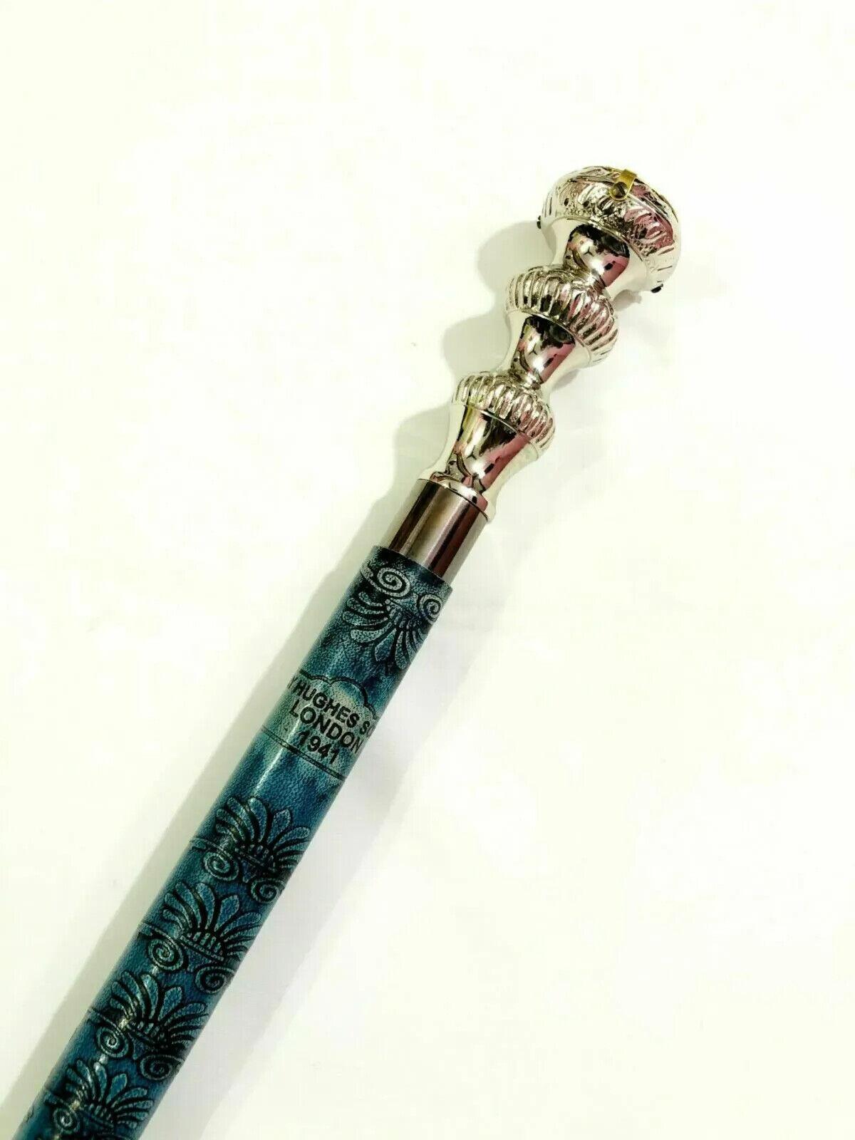 Nautical Brass Chrome Designer Handle Leather Engraved Walking Stick with Clock - collectiblegiftitems