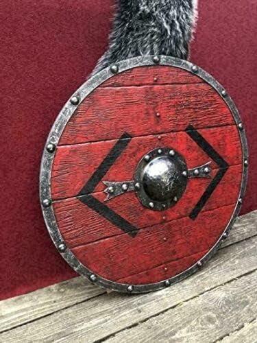 Medieval Round Viking Shield Red & Black Authentic Design Templar LARP Norse Battleworn Wood & Iron Shield for Home Decor (24 Inch) - collectiblegiftitems