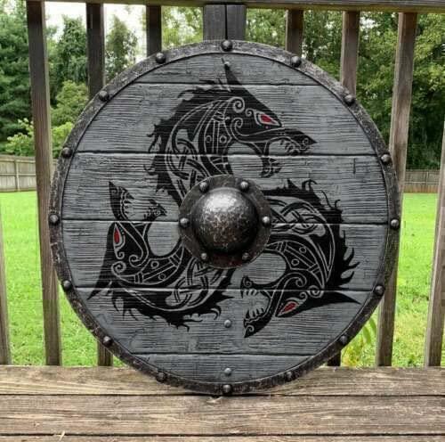 Medieval Fenrir Grey Wolf Shield Authentic Bettleworn Viking Battle Ready Shield Handmade Battle Warrior Shield - collectiblegiftitems