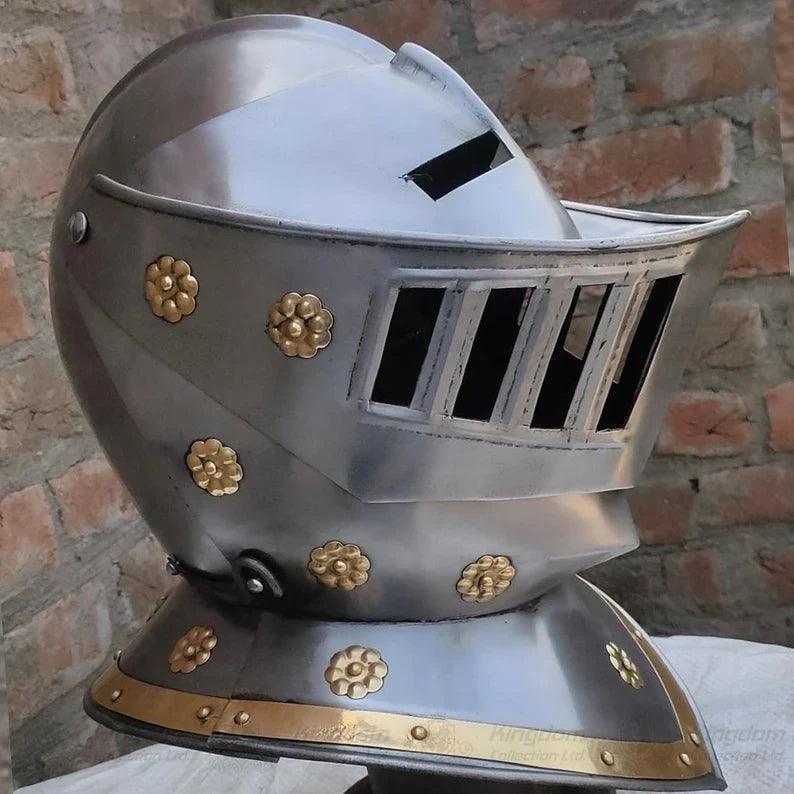 European Knight Helmet Medieval Knight Close Helmet with Brass Helmet Role Play Knight Helmet 18 Gauge Wearable Helmet - collectiblegiftitems