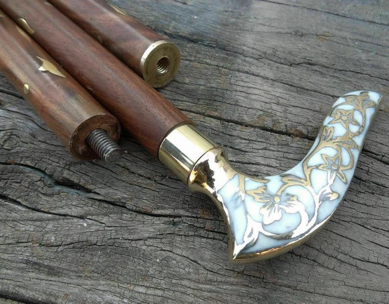 White Flower Leaf Victorian Handle brass walking stick - collectiblegiftitems