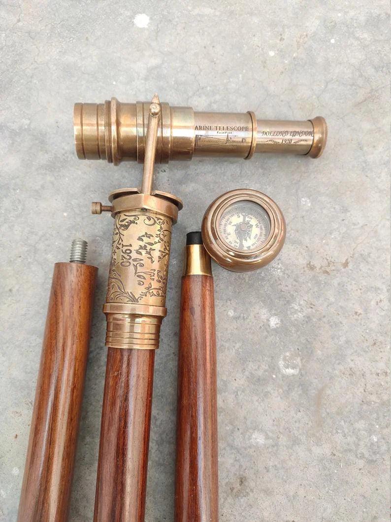 Victorian Telescope Compass On Top Spyglass Handle Walking Stick - collectiblegiftitems