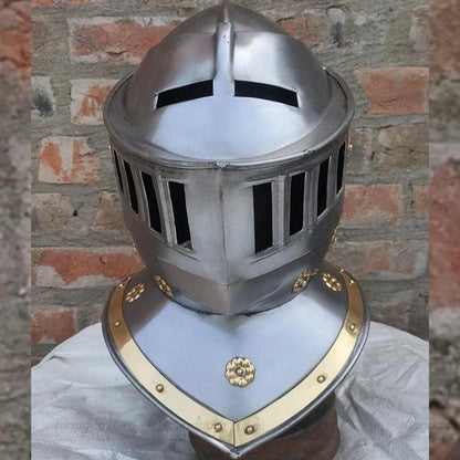 European Knight Helmet Medieval Knight Close Helmet with Brass Helmet Role Play Knight Helmet 18 Gauge Wearable Helmet - collectiblegiftitems