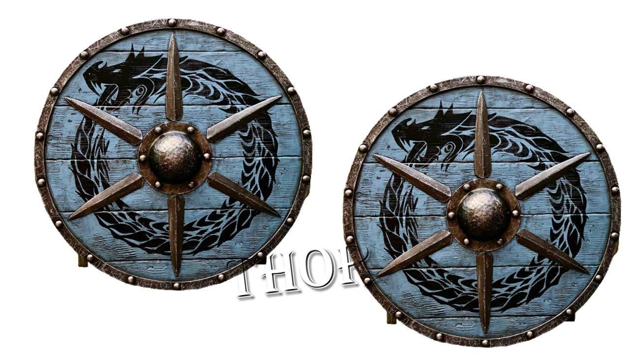 Medieval Real Viking Larp Warrior Wood & Steel Dragon Round shield, 24 - collectiblegiftitems