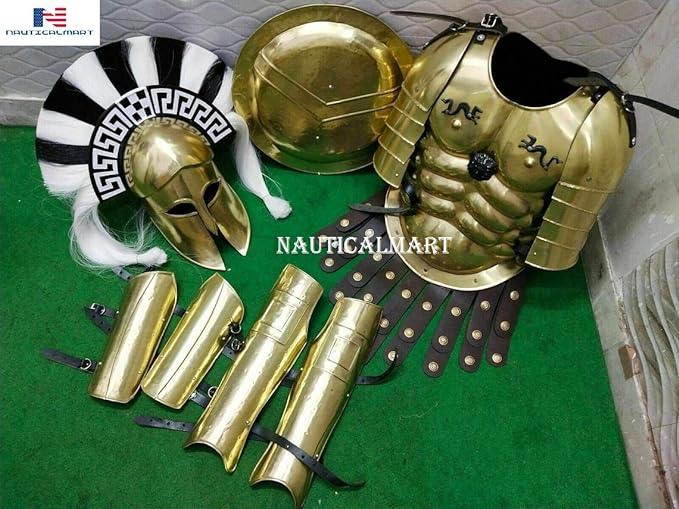 Roman Muscle Cuirass with Shoulder Armor Greek Corinthian Helmet + 300 Spartan Leg Arm Guard & Shield Medieval Knight LARP Halloween Costume - collectiblegiftitems