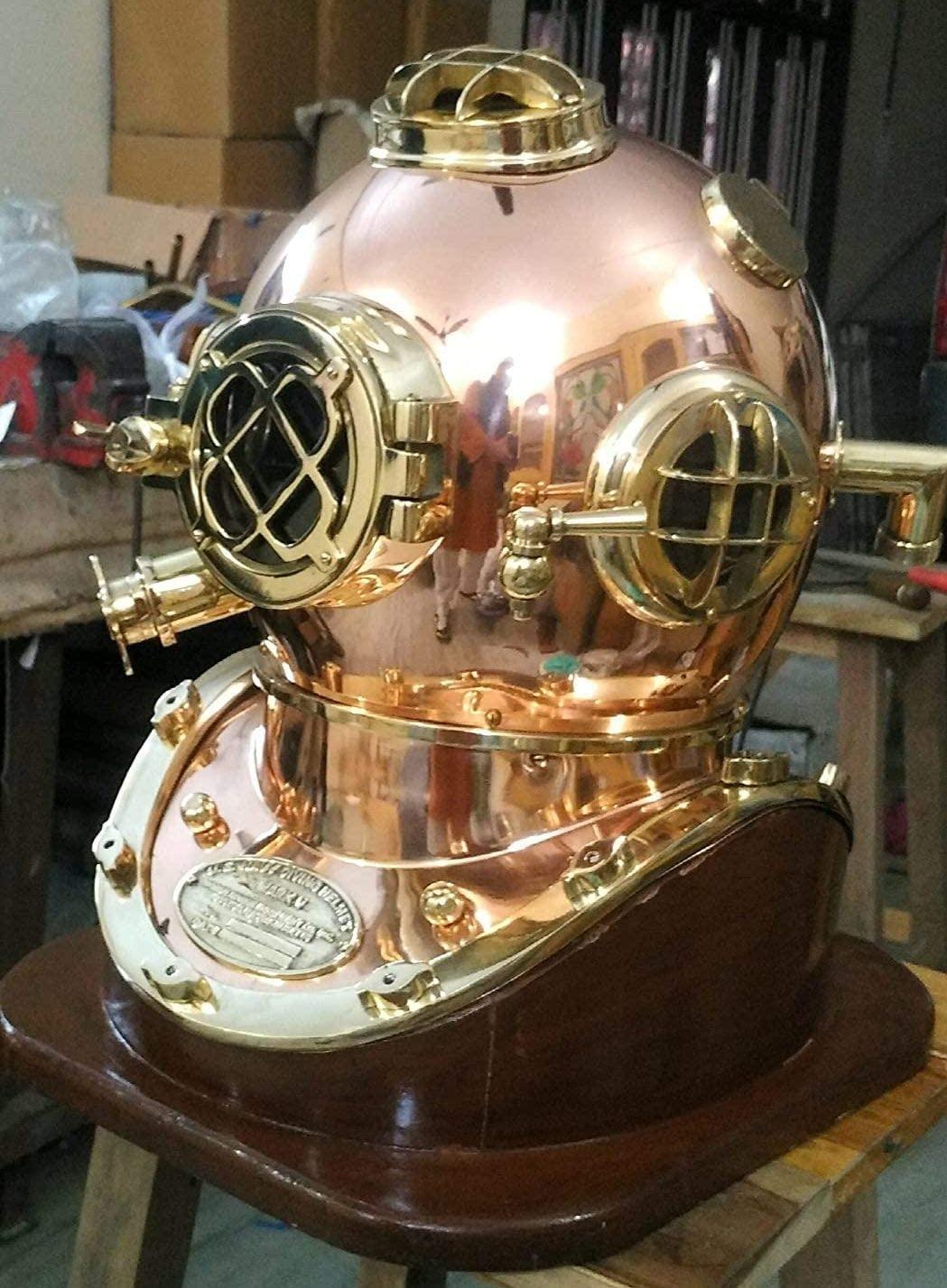 Divers Diving Helmet Full Size Copper & Brass W/Base Scuba Diving Helmet 18 Inches - collectiblegiftitems