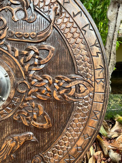 Viking Round Dragon Shield - Hand-Carved Wooden Shield - Norse Inspired Decor - collectiblegiftitems