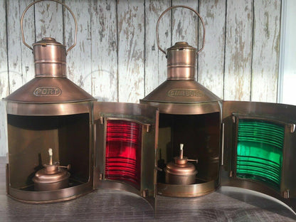 Antique Brass Finish Port & Starboard Lanterns Nautical Oil Lamps Ship Boat - collectiblegiftitems