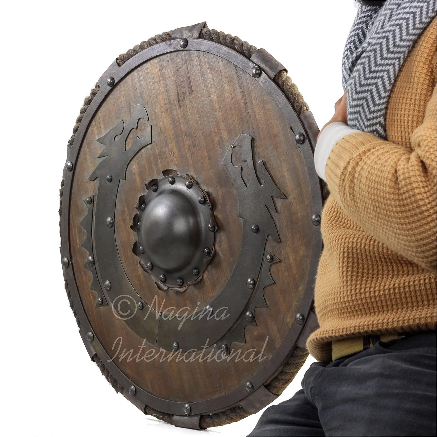 Medieval Wooden Viking Flying Dragon Armour Shield Antique Finish, 24"