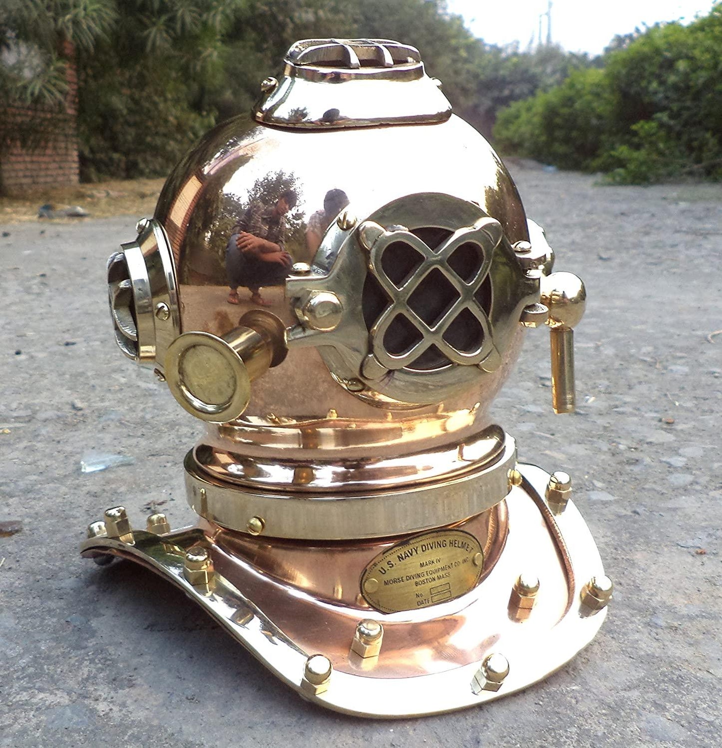 Antique Marine Mini Diving Helmet Replica Mark Us Navy Nautical Copper and Brass - collectiblegiftitems