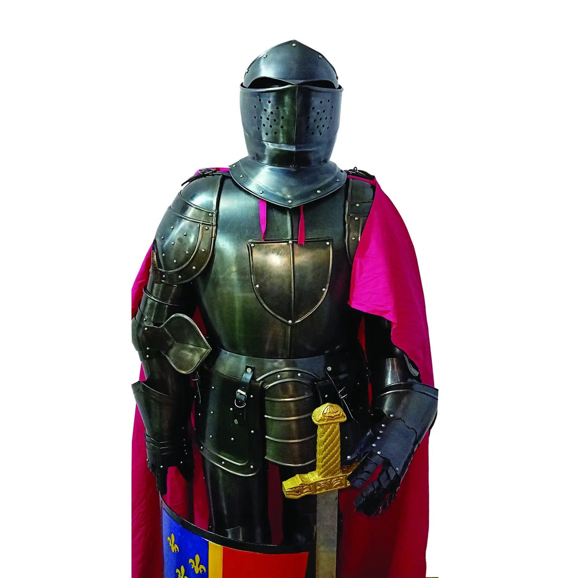 Black Knight Medieval Armor Suit with Sword Shield and Cloak - collectiblegiftitems