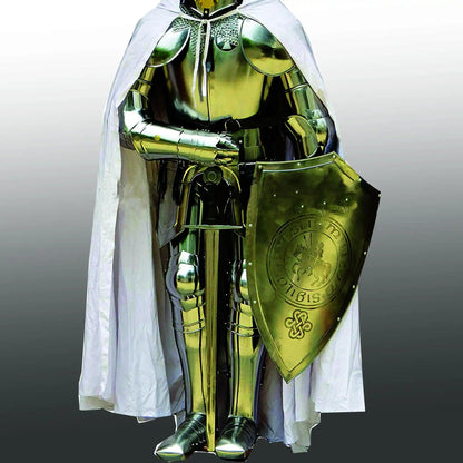 Crusader Templar Knight Medieval Armor Suit with Shield Cloak and Flag - collectiblegiftitems