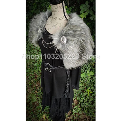 Medieval cape, Viking warrior coat faux fur cape shawl chain brooch Halloween party cosplay costume - collectiblegiftitems