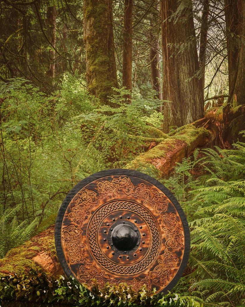 Handcarved Dark Stained Drake Knotwork Viking Shield, 24"