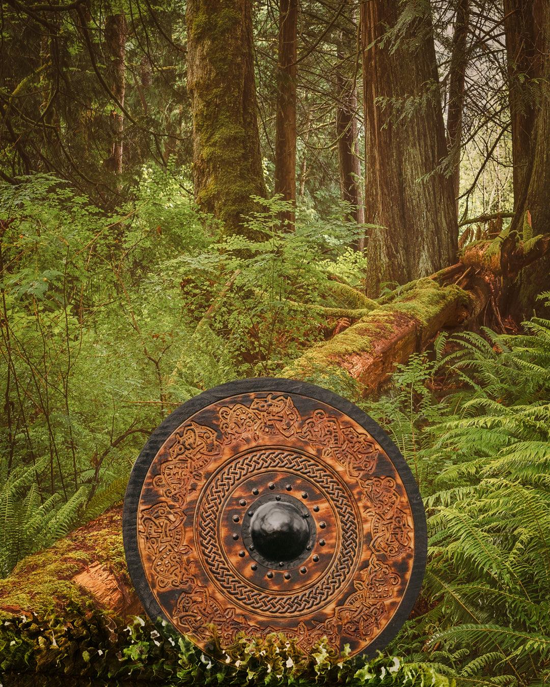 Handcarved Dark Stained Drake Knotwork Viking Shield, 24"