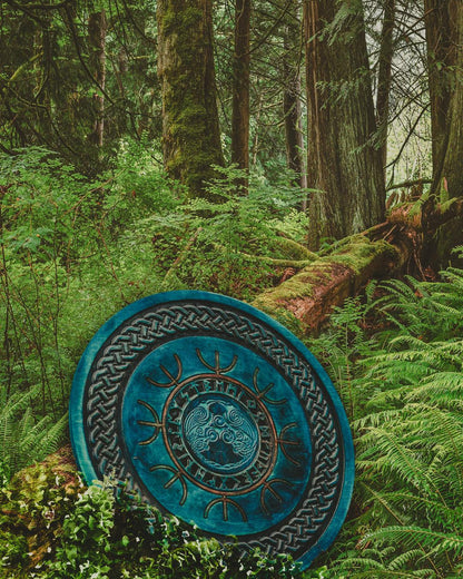 Viking Shield with Carved Odin's Raven Huginn and Muninn Symbols, 24"