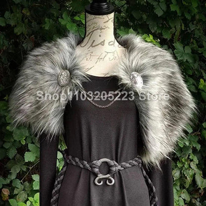 Medieval cape, Viking warrior coat faux fur cape shawl chain brooch Halloween party cosplay costume - collectiblegiftitems