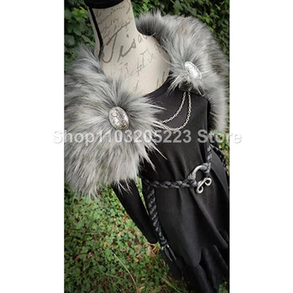 Medieval cape, Viking warrior coat faux fur cape shawl chain brooch Halloween party cosplay costume - collectiblegiftitems