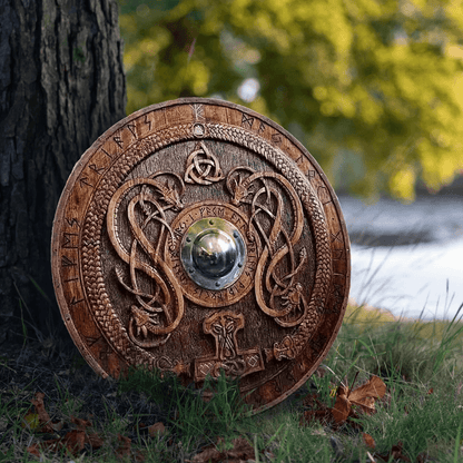 Carved Norse Runic Shield with Jörmungandr Ornaments, 24"