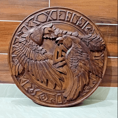 Odin's Ravens And Valknut Handmade Carved Viking Shield, 24"