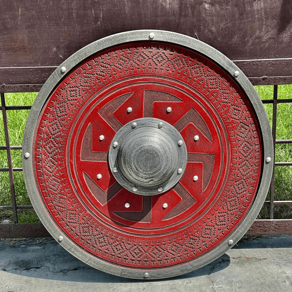 Red Carved Kolovrat Slavic Sun Viking Shield, 24"